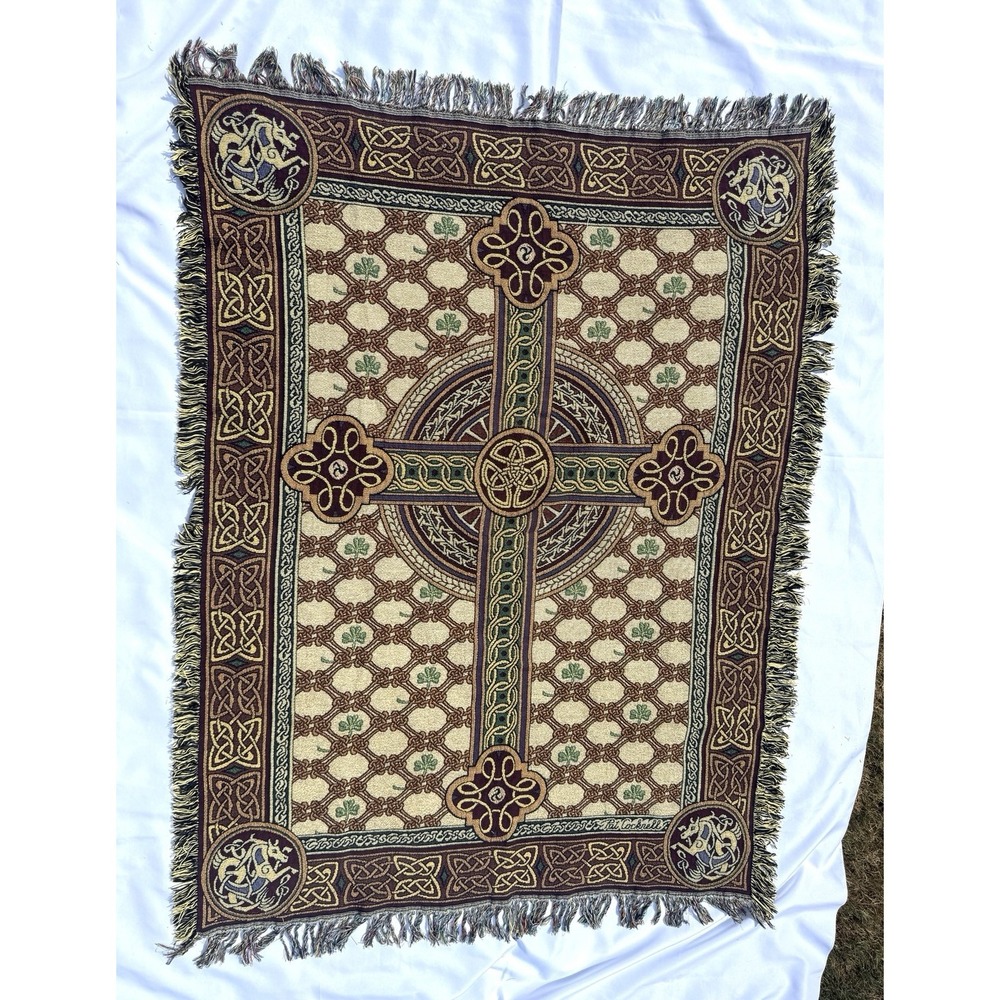 Pat Cockrell Celtic Cross Tapestry Throw Irish Shamrock Woven 47 x 64 Fringe